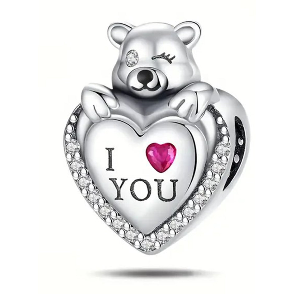 925 Sterling Silver Heart Charm with Teddy - I Love You