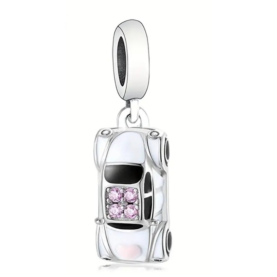 925 Sterling Silver Car Charm with Pink Cubic Zirconias