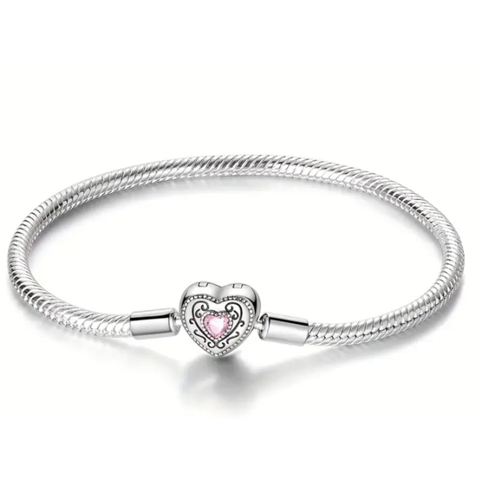 925 Sterling Silver Charm Bracelet with Vintage Heart Clasp 19cm