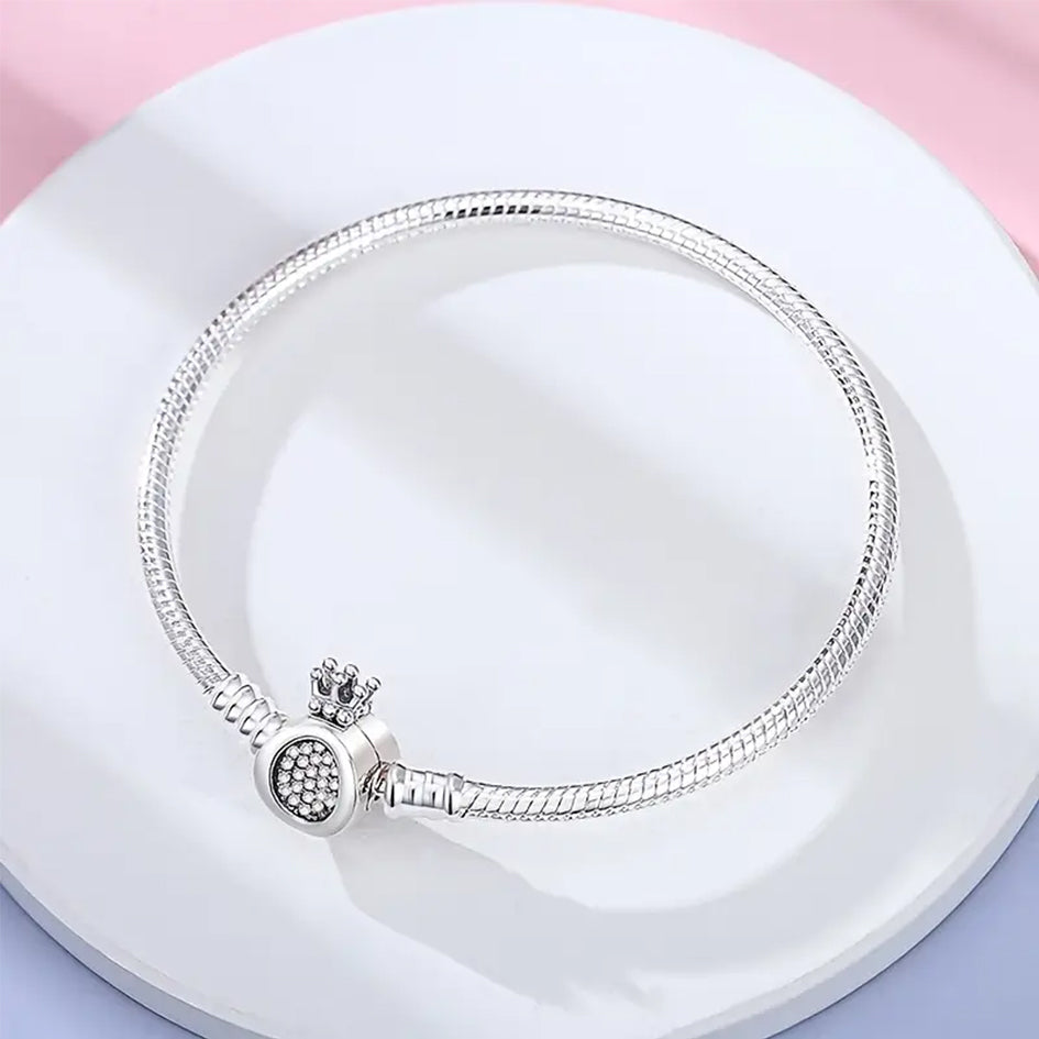 925 Sterling Silver Snake Charm Bangle with Crown Clasp 17cm