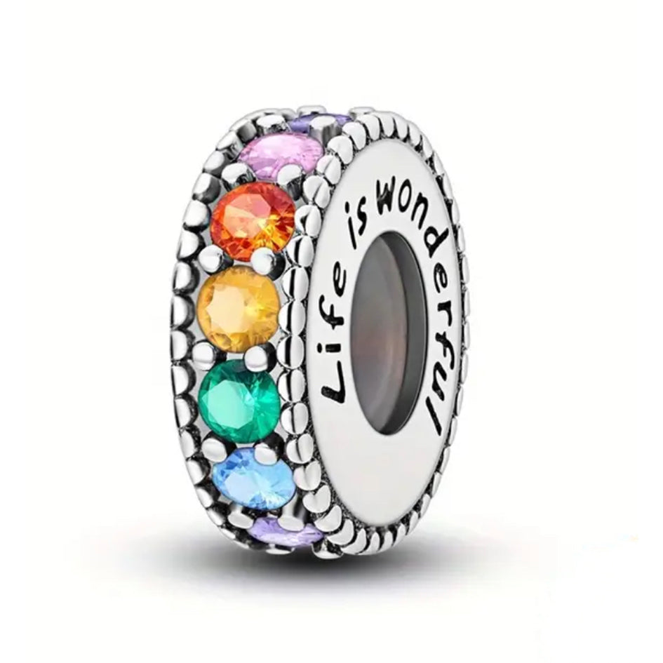 925 Sterling Silver Life is Wonderful Spacer with Colourful Cubic Zirconias
