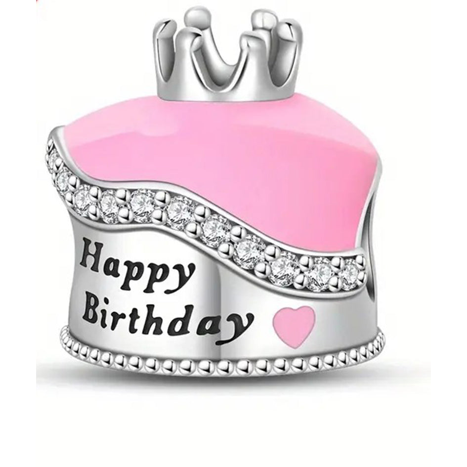 925 Sterling Silver Happy Birthday Crown Charm with Cubic Zirconias