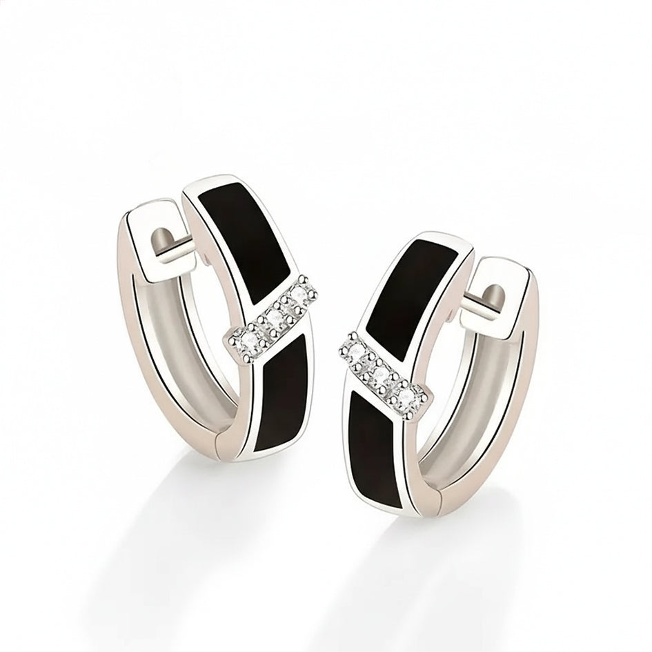 925 Sterling Silver Black Stone Hoop Earrings with Cubic Zirconia's