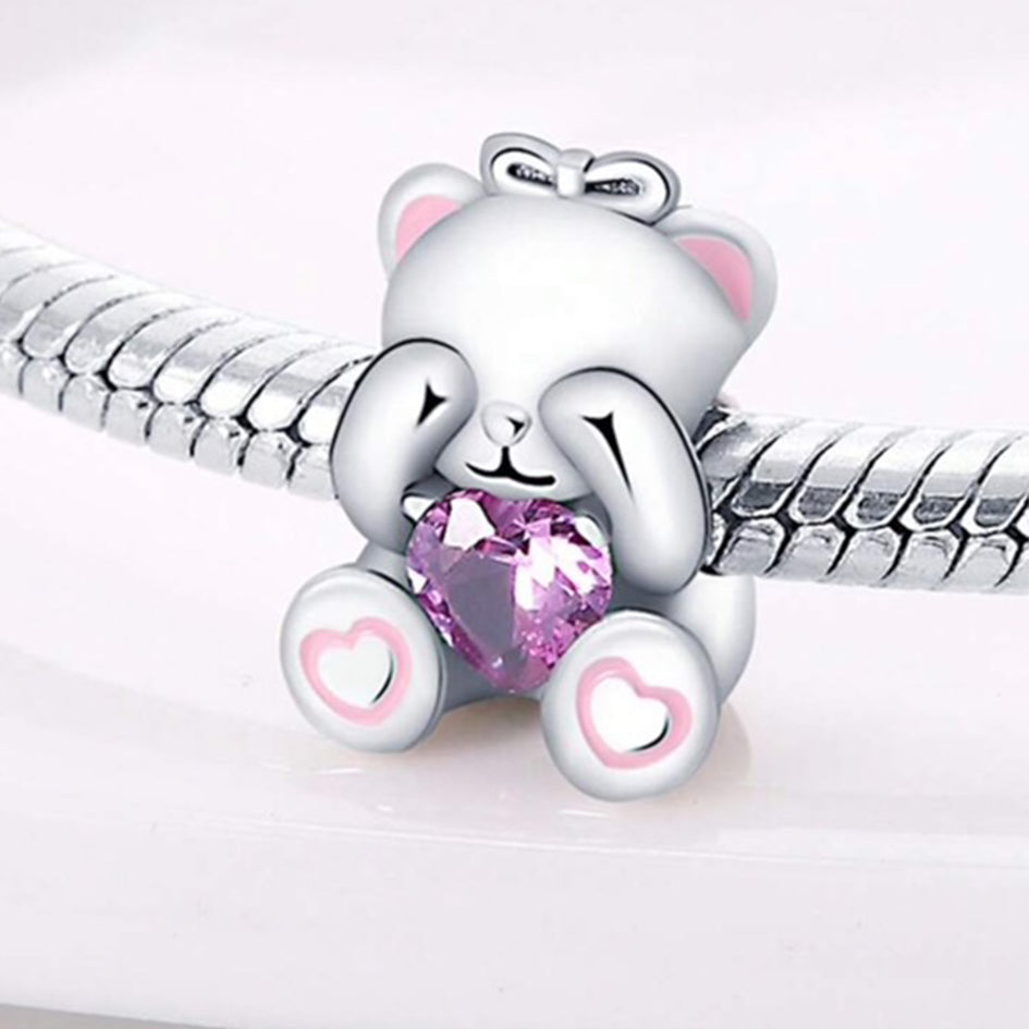 925 Sterling Silver Shy Teddy Charm with Pink Cubic Zirconia Heart