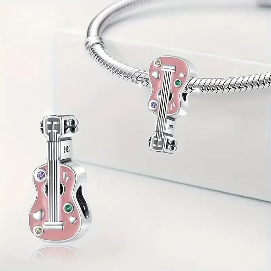 925 Sterling Silver Pink Guitar Charm