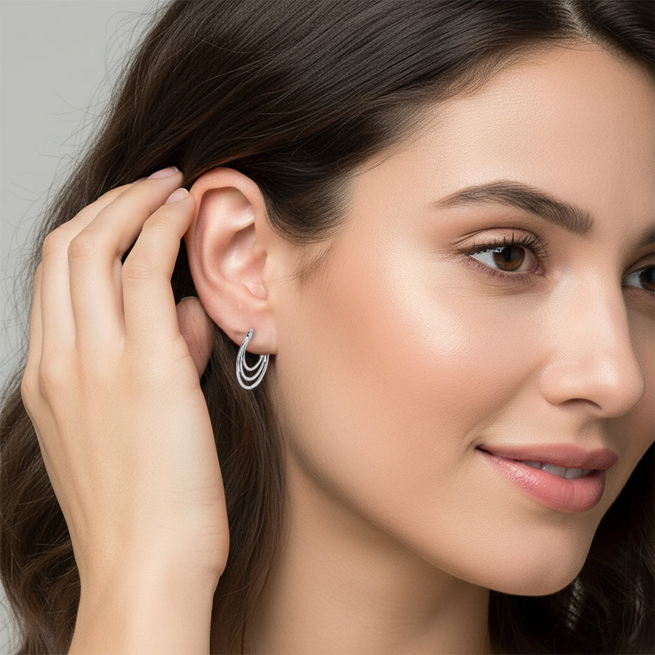 925 Sterling Silver 3 Circle Round Hoop Earrings