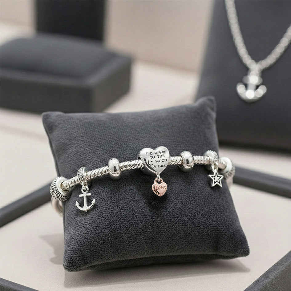 925 Sterling Silver Heart Charm - I Love you to the Moon and Back