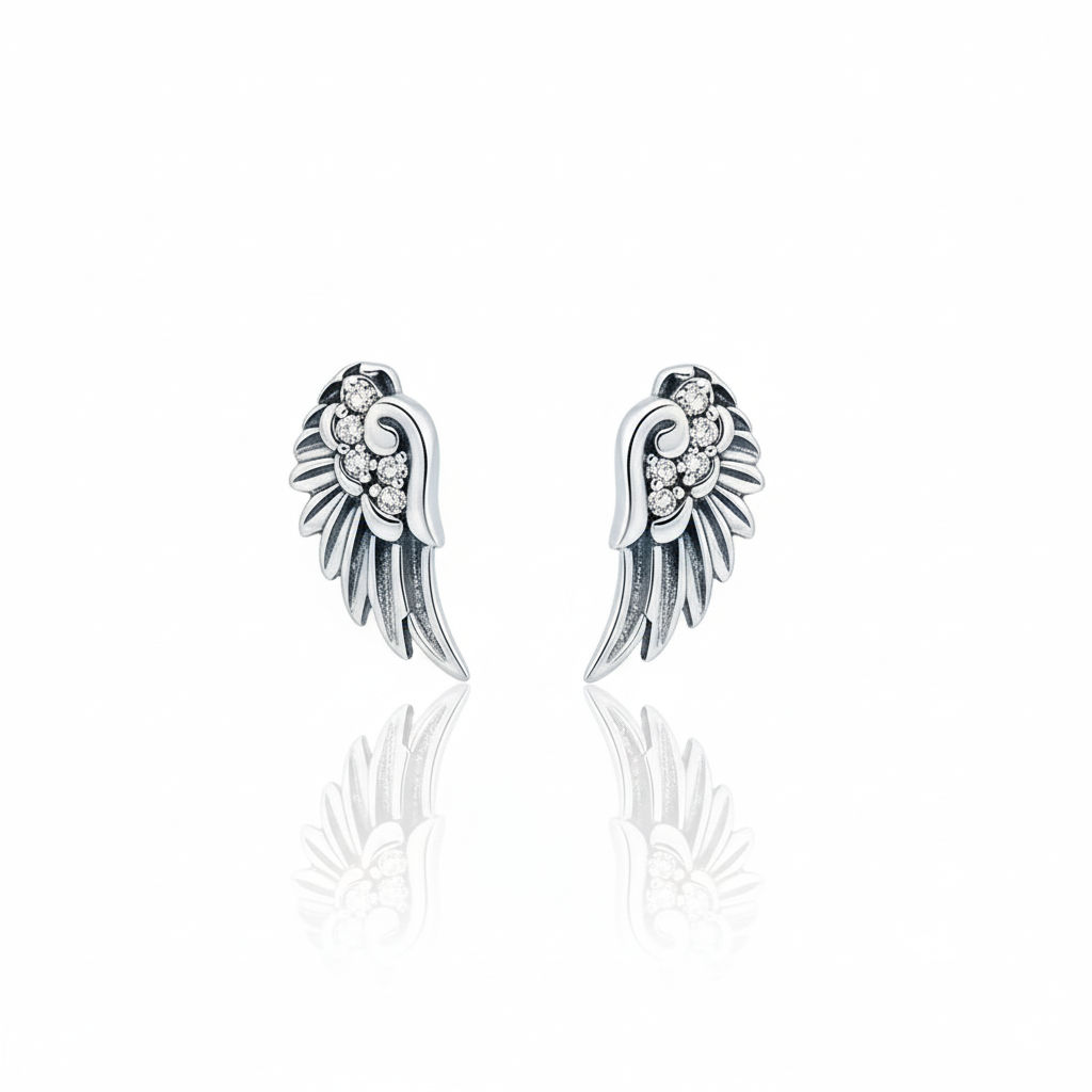 925 Sterling Silver Sparkling Angel Wings Stud Earrings
