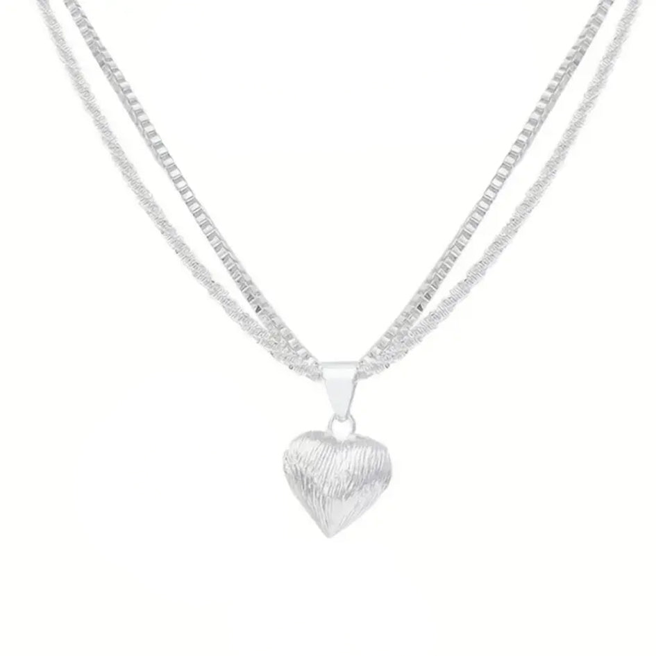 925 Sterling Silver Double Necklace with Heart Pendant