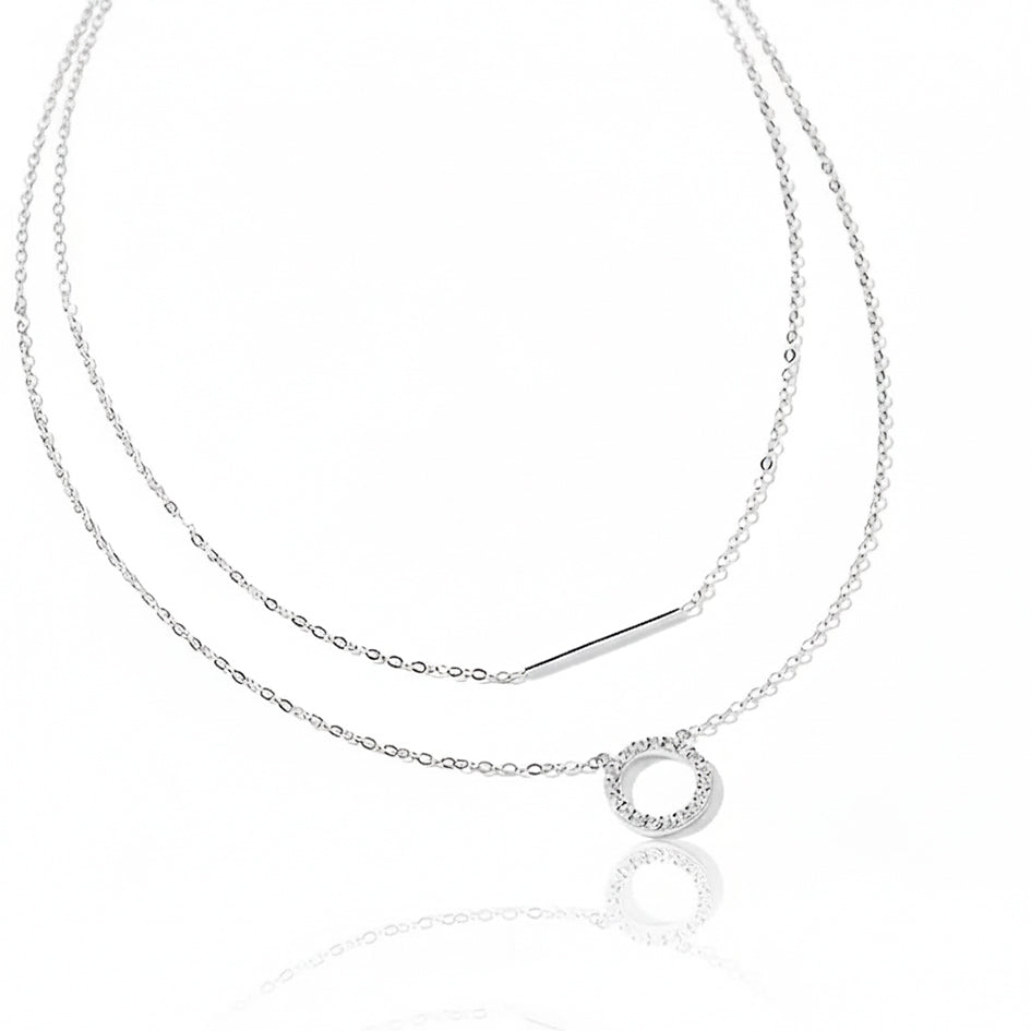 925 Sterling Silver Necklace, Double Chain with Circle and Rectangle Cubic Zirconia's Pendant