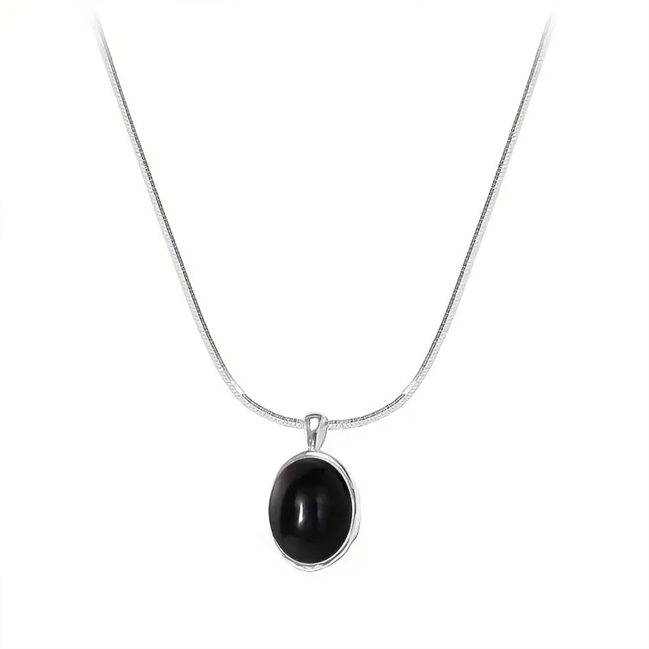 925 Sterling Silver Necklace with a Black Oval Stone Pendant