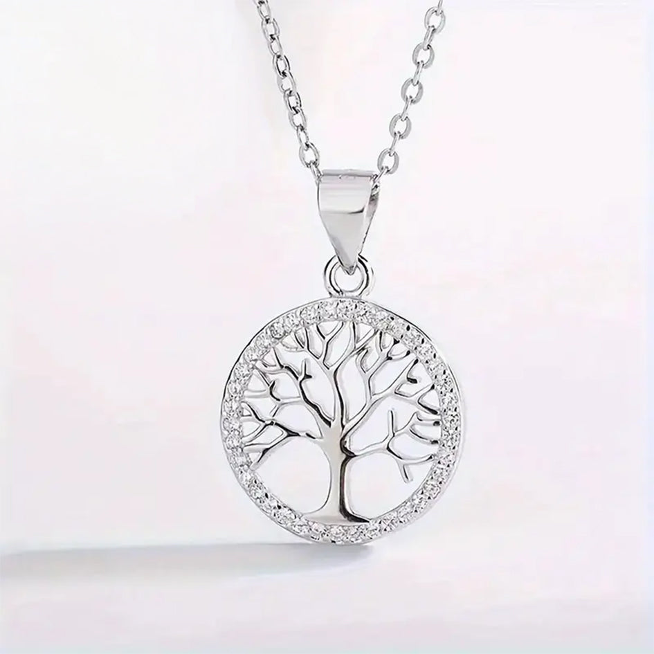 925 Sterling Silver Necklace with Tree of Life and Cubic Zirconia's Pendant