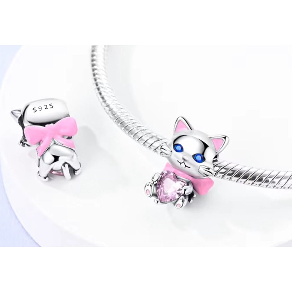Silver Cat with Pink Heart & Bow detail