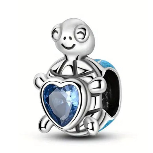 925 Sterling Silver Turtle Charm with Blue Cubic Zirconia Heart
