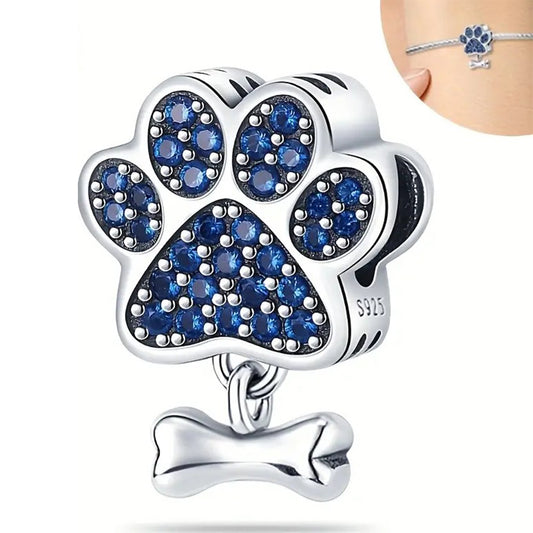 925 Sterling Silver Paw Charm with Blue Cubic Zirconias
