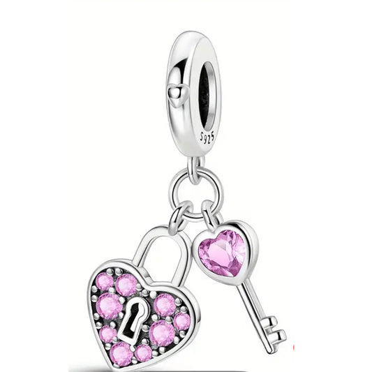 925 Sterling Silver Pink Heart with Lock and Key