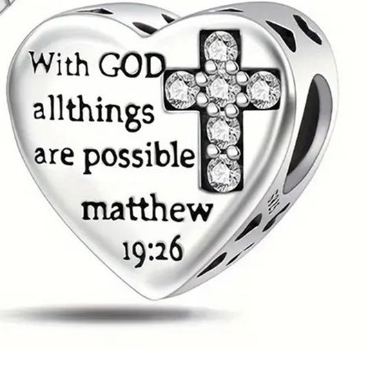 925 Sterling Silver Heart Charm - With God all Things are Possible