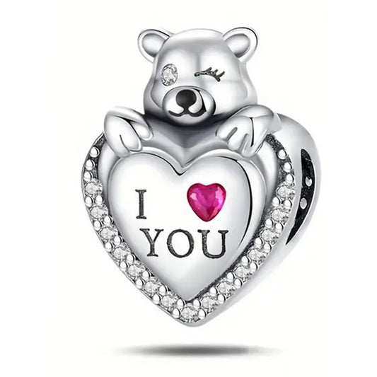925 Sterling Silver Heart Charm with Teddy - I Love You
