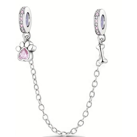 925 Sterling Silver Safety Chain with Paw and Bone