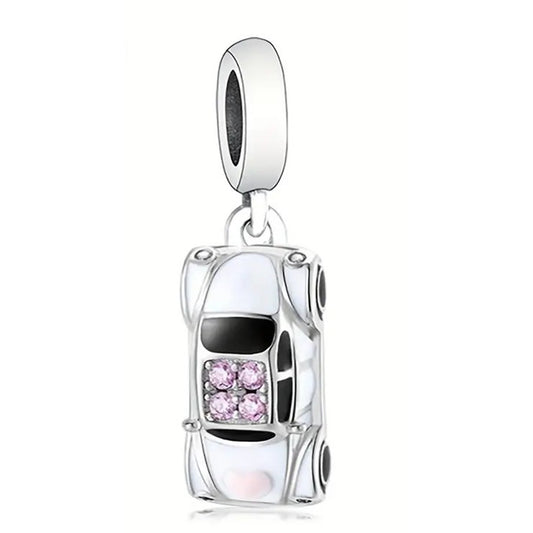 925 Sterling Silver Car Charm with Pink Cubic Zirconias