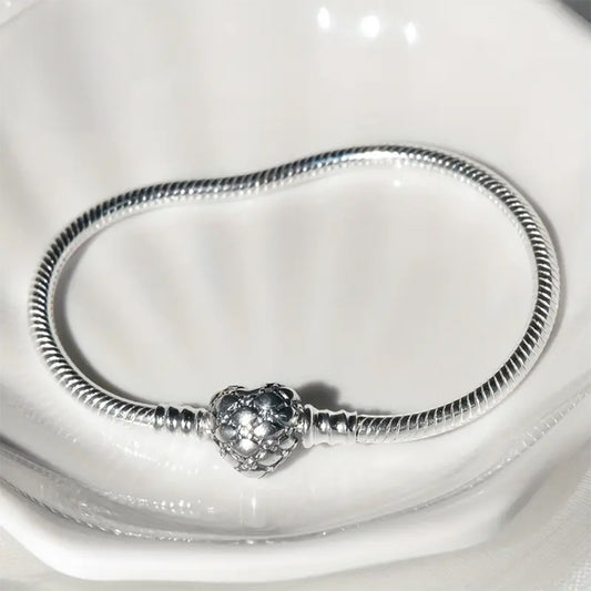 925 Sterling Silver Charm Bracelet with Bevelled Heart Clasp 19cm