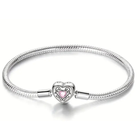 925 Sterling Silver Charm Bracelet with Vintage Heart Clasp 19cm
