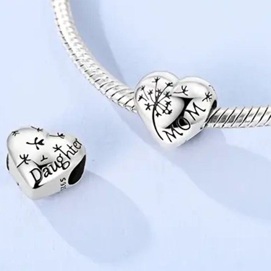 925 Sterling Silver Dandelion Mother and Daughter Heart Charm