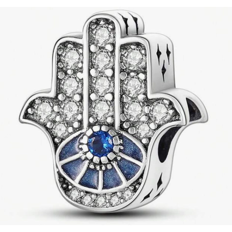 925 Sterling Silver Hamsa Hand Charm with Blue & Clear Cubic Zirconias