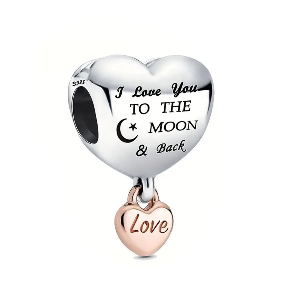 925 Sterling Silver Heart Charm - I Love you to the Moon and Back