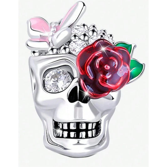 925 Sterling Silver Skull Charm with Heart & Rose Design