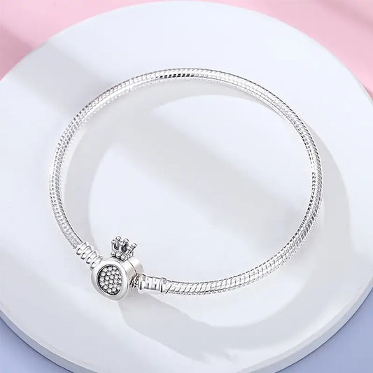 925 Sterling Silver Snake Charm Bangle with Crown Clasp 17cm