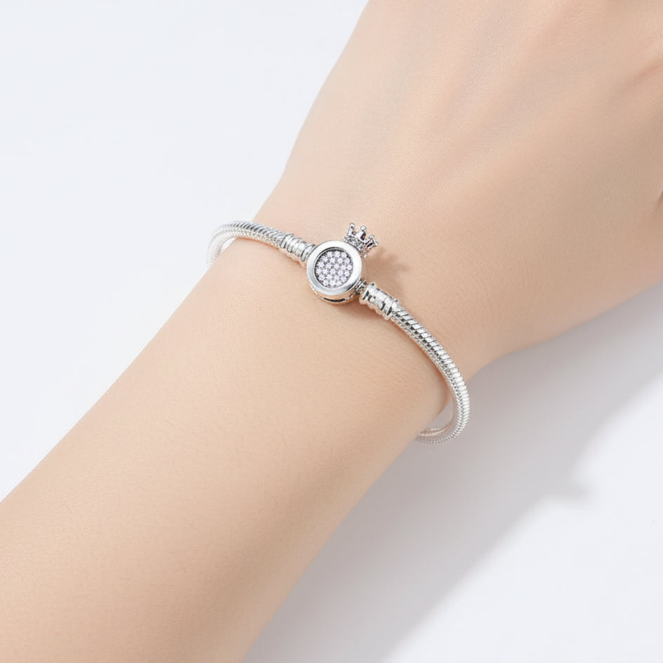 925 Sterling Silver Snake Charm Bracelet with Crown Clasp