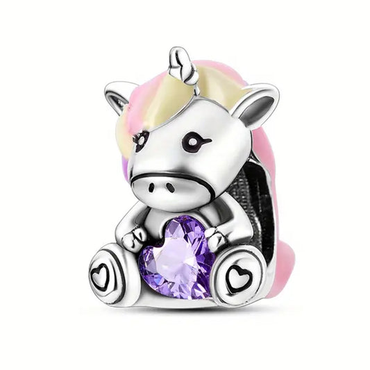 Colourful Baby Unicorn Charm with Purple Cubic Zirconia Heart