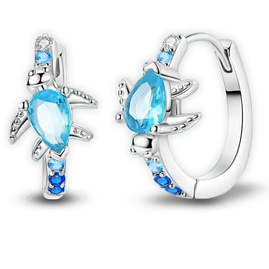 925 Sterling Silver Turtle Hoop Earrings with Blue Cubic Zirconia's