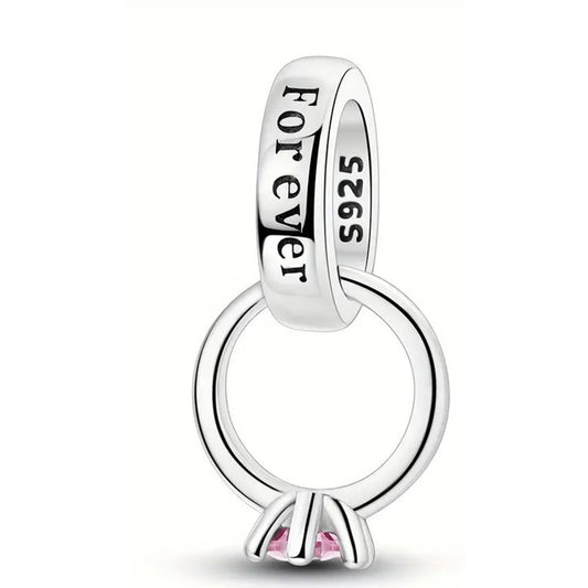 925 Sterling Silver Ring Charm with Pink Cubic Zirconia
