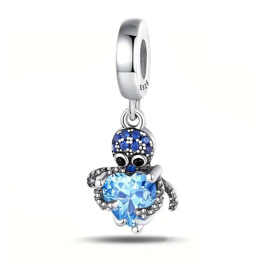 925 Sterling Silver Octopus with Blue Cubic Zirconia Heart