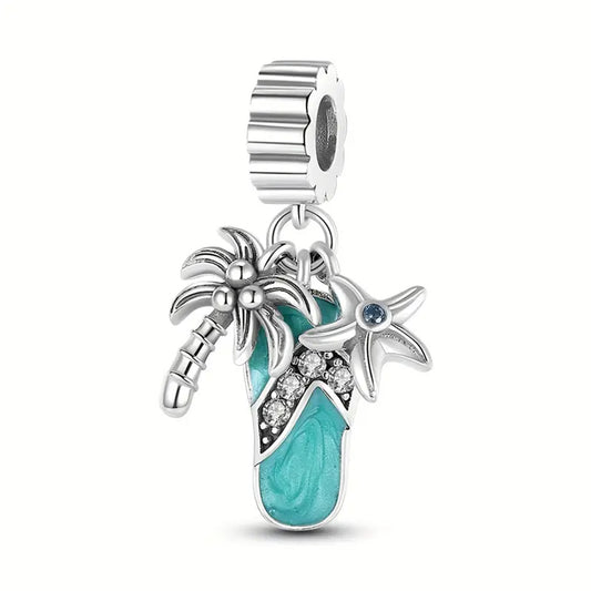 Vacation Themed Flip Flop Charm with Palm Tree & Starfish