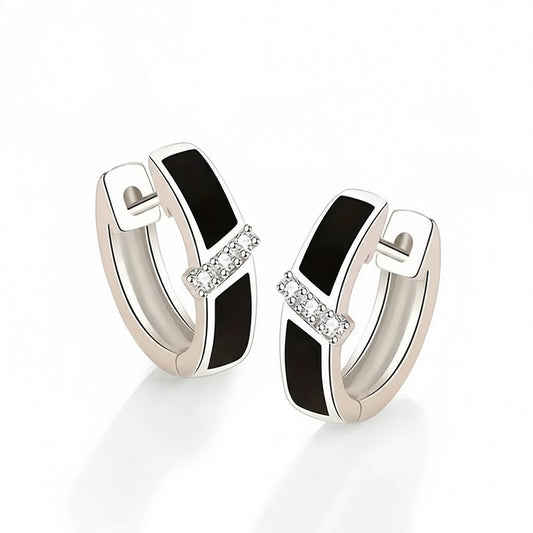 925 Sterling Silver Black Stone Hoop Earrings with Cubic Zirconia's