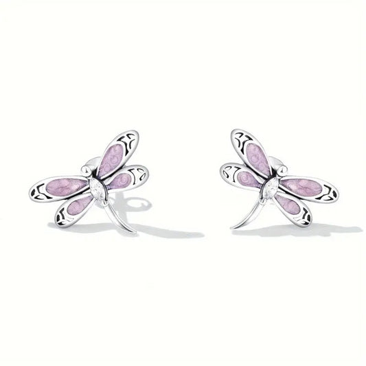 925 Sterling Silver Dragonfly Stud Earrings with Pink Wings and Cubic Zirconia’s