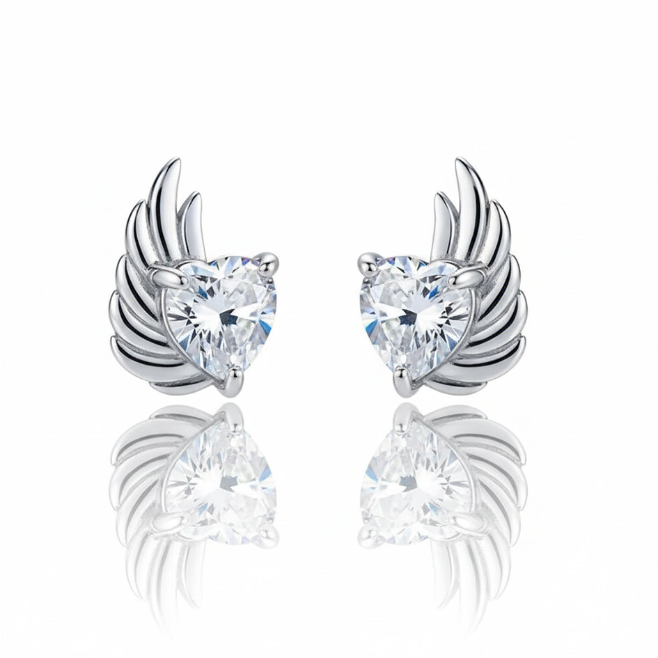 925 Sterling Silver Heart Angel Wing Stud Earrings with Cubic Zirconia