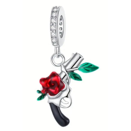 925 Sterling Silver Revolver Charm with Red Rose