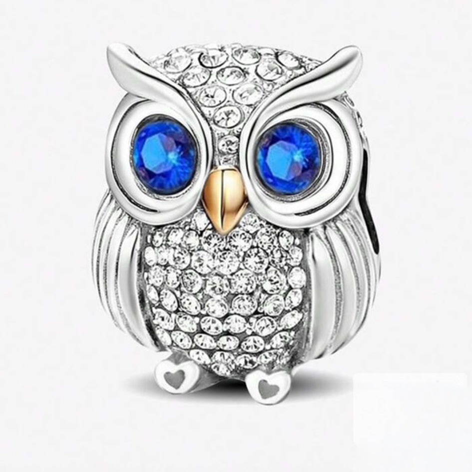 925 Sterling Silver Owl with Blue Cubic Zirconia Eyes