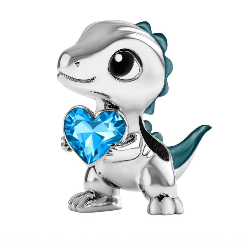 925 Sterling Silver Dinosaur Charm with Blue Cubic Zirconia Heart