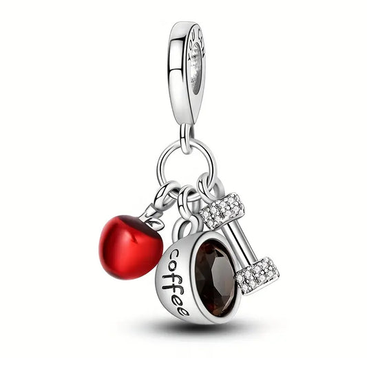 925 Sterling Silver Apple, Coffee and Dumbbell Charm