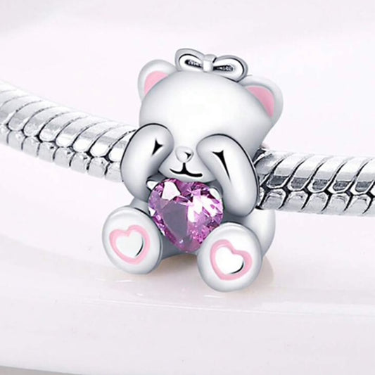 925 Sterling Silver Shy Teddy Charm with Pink Cubic Zirconia Heart