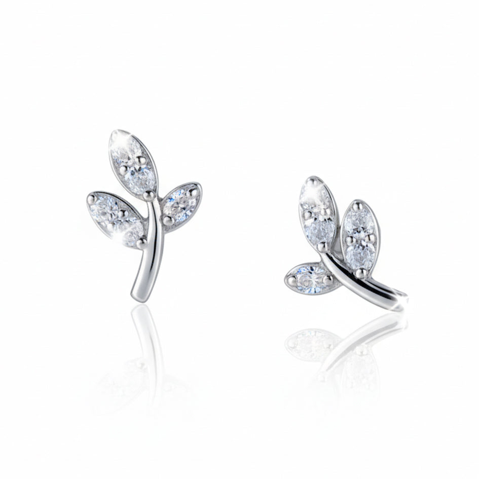 925 Sterling Silver Small Leaf Olive Branch Earrings with Cubic Zirconia's