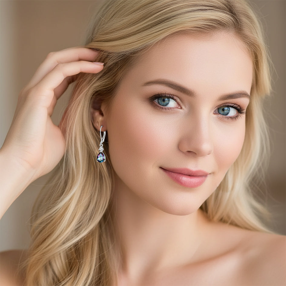 925 Sterling Silver Teardrop Pearl Hanging Earrings with Cubic Zirconia's