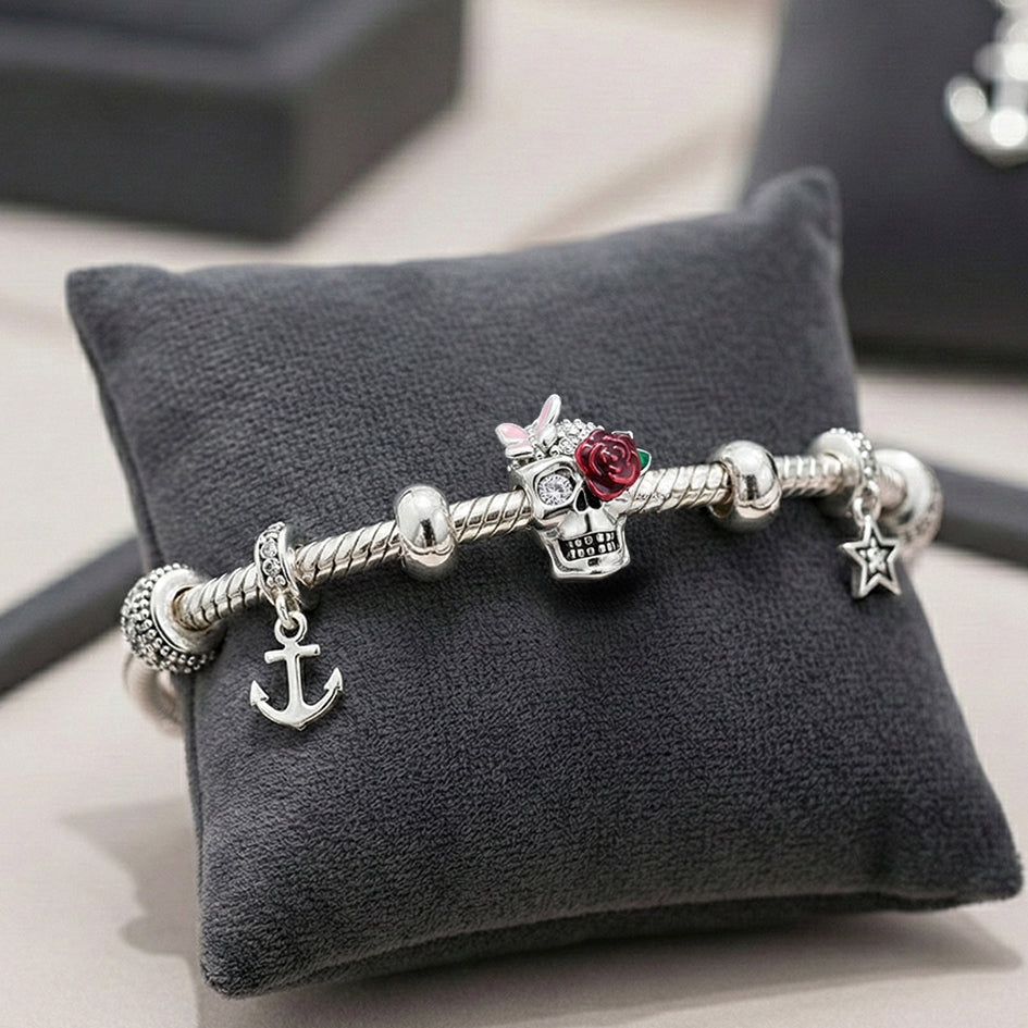 925 Sterling Silver Skull Charm with Heart & Rose Design