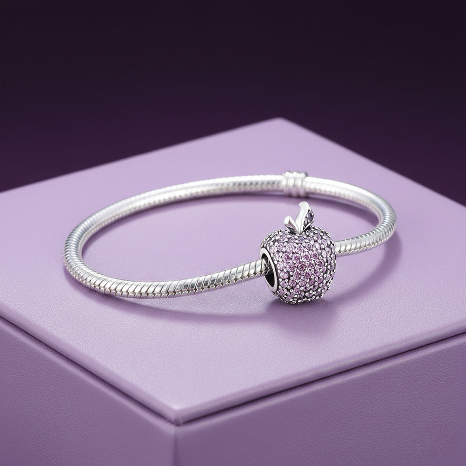 925 Sterling Silver Sparkling Pink Apple with Cubic Zirconias