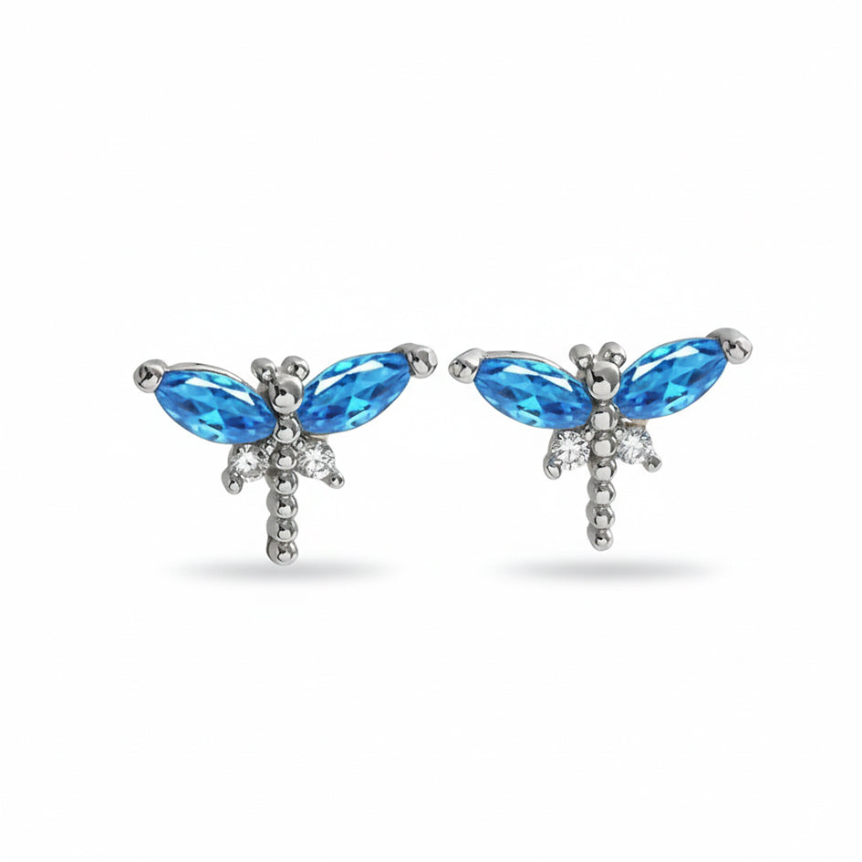 925 Sterling Silver Dragonfly Stud Earrings with Blue and Clear Cubic Zirconia's